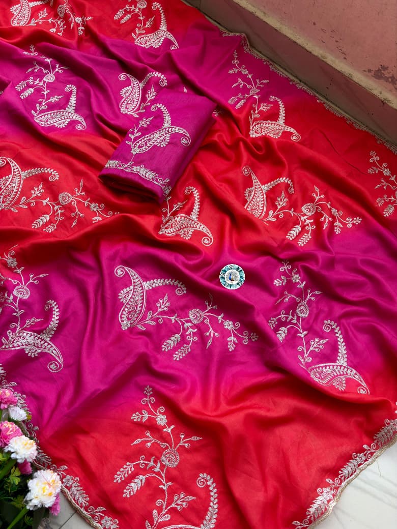 Chinon Silk Embroidery Work Saree