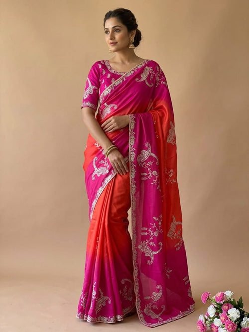 Chinon Silk Embroidery Work Saree
