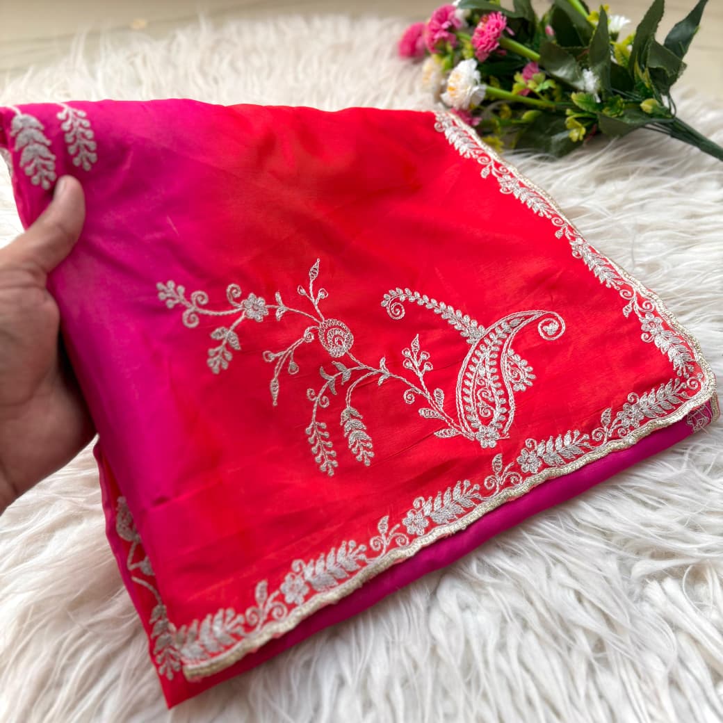 Chinon Silk Embroidery Work Saree