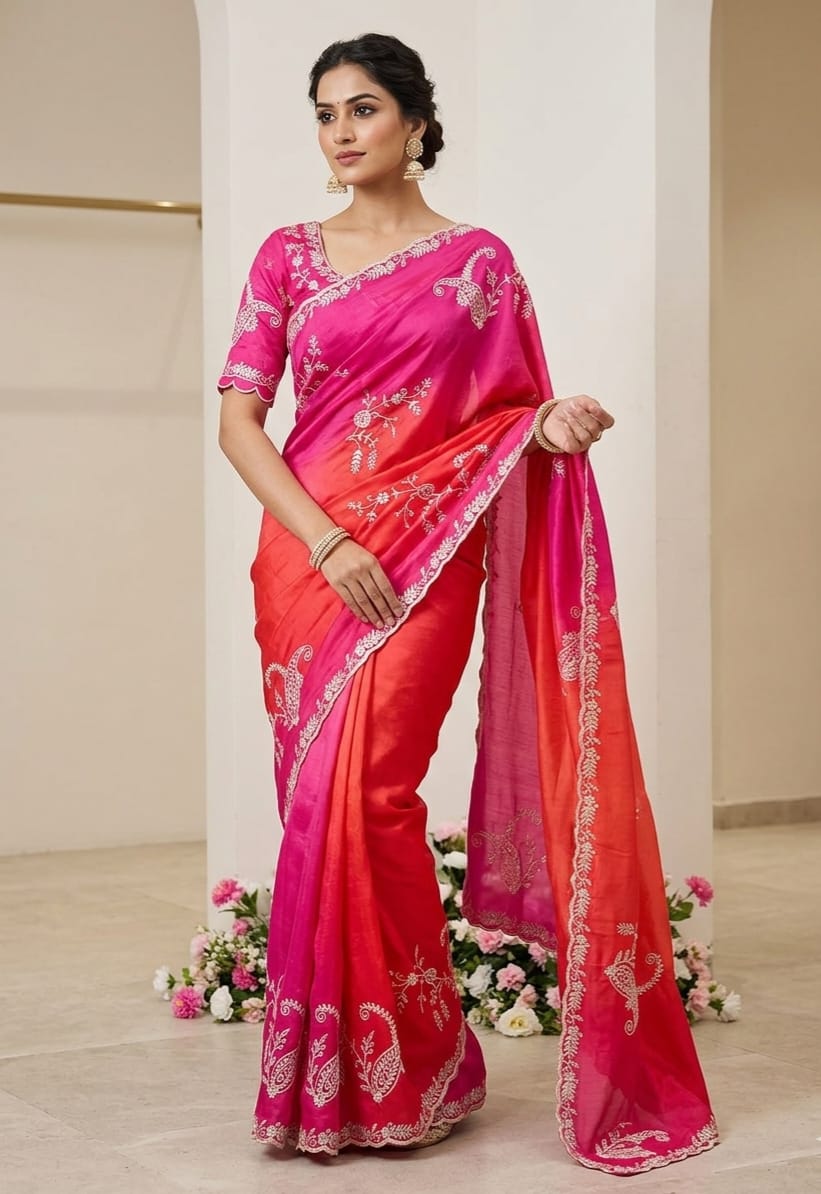 Chinon Silk Embroidery Work Saree