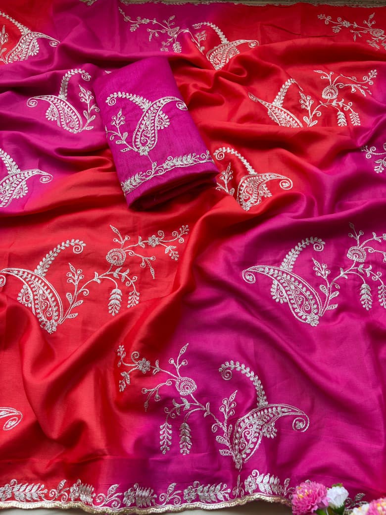 Chinon Silk Embroidery Work Saree