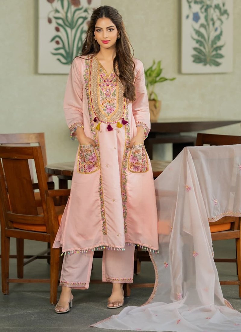 Baby Pink Chanderi Silk Embroidery Work Readymade Plazzo Suit