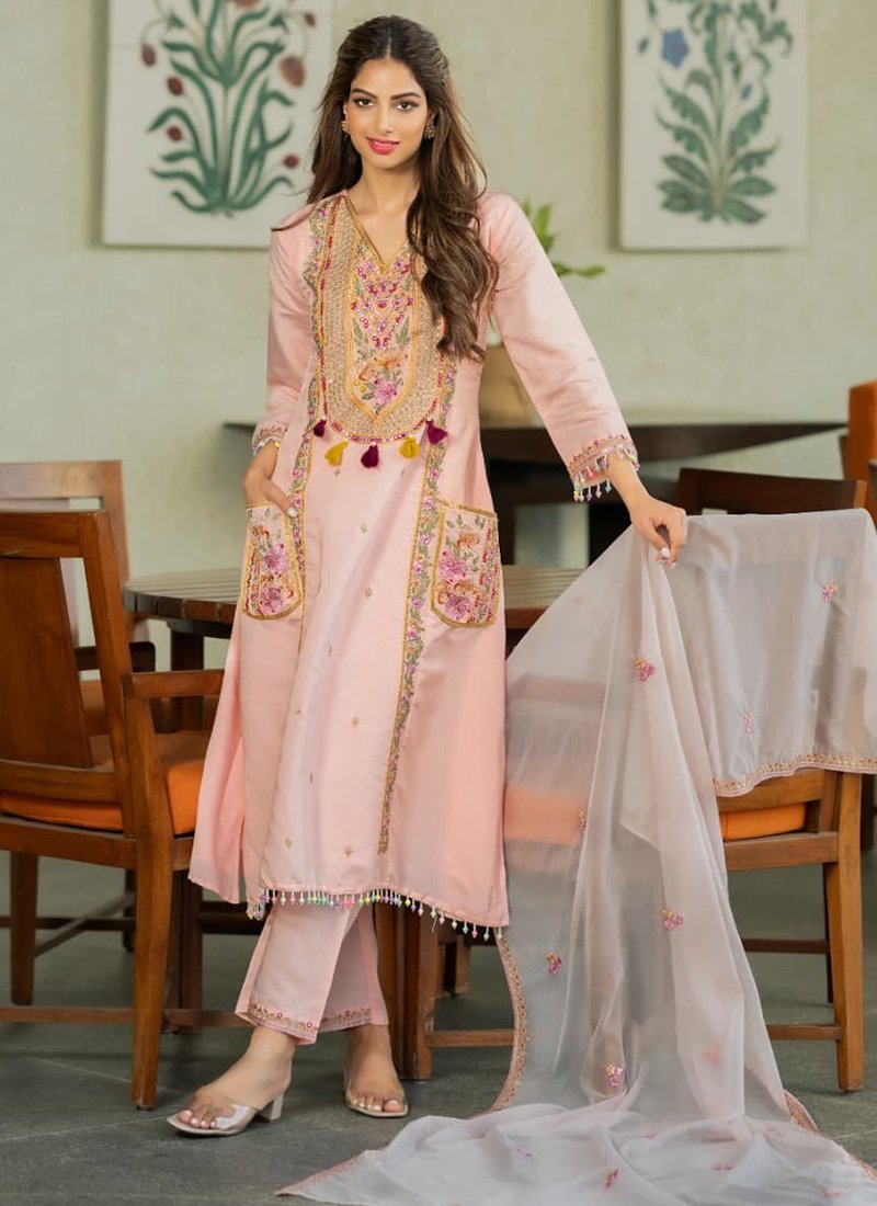 Baby Pink Chanderi Silk Embroidery Work Readymade Plazzo Suit