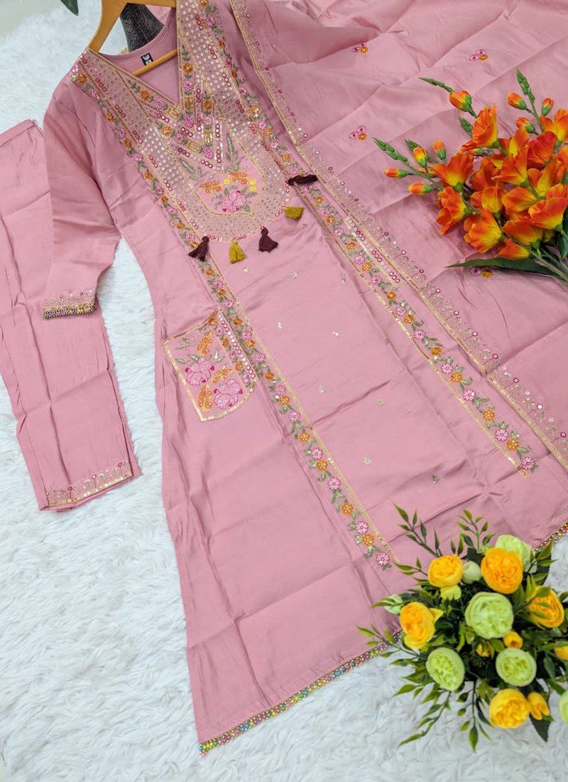 Baby Pink Chanderi Silk Embroidery Work Readymade Plazzo Suit