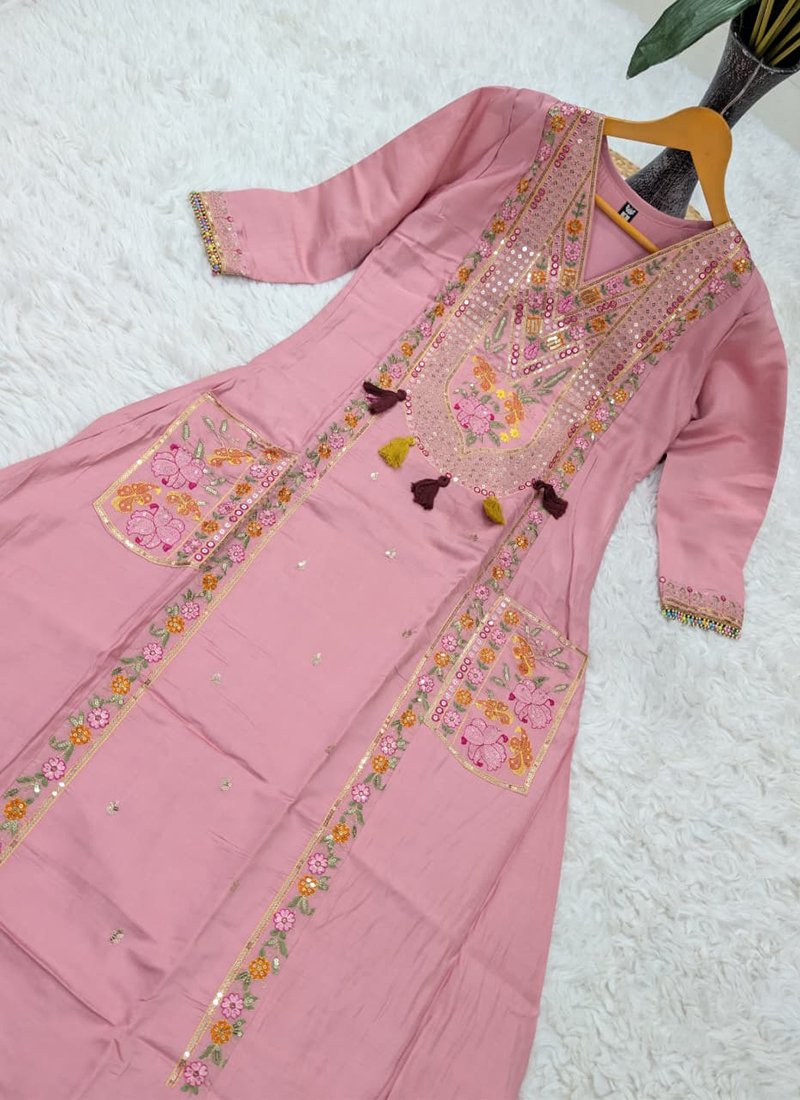 Baby Pink Chanderi Silk Embroidery Work Readymade Plazzo Suit