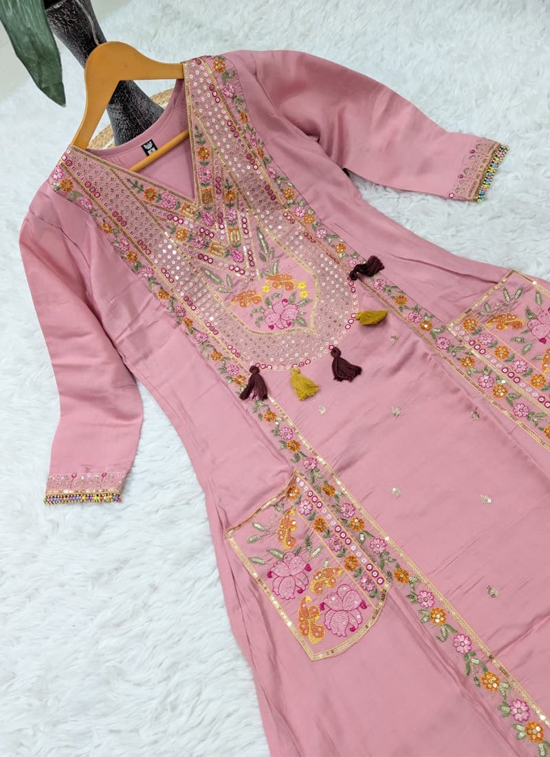 Baby Pink Chanderi Silk Embroidery Work Readymade Plazzo Suit