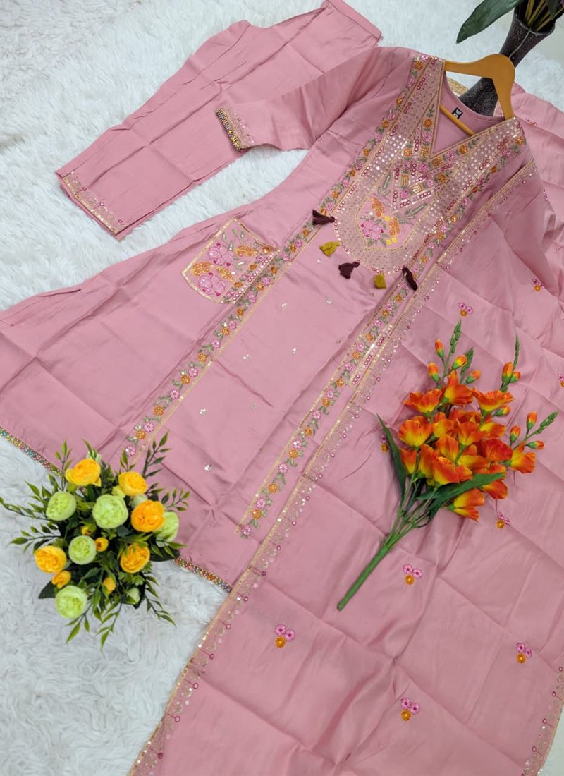 Baby Pink Chanderi Silk Embroidery Work Readymade Plazzo Suit