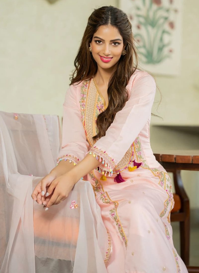 Baby Pink Chanderi Silk Embroidery Work Readymade Plazzo Suit