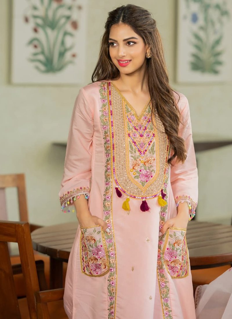 Baby Pink Chanderi Silk Embroidery Work Readymade Plazzo Suit