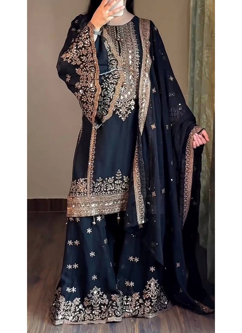 Black Silk Embroidery Work Readymade Sharara Suit