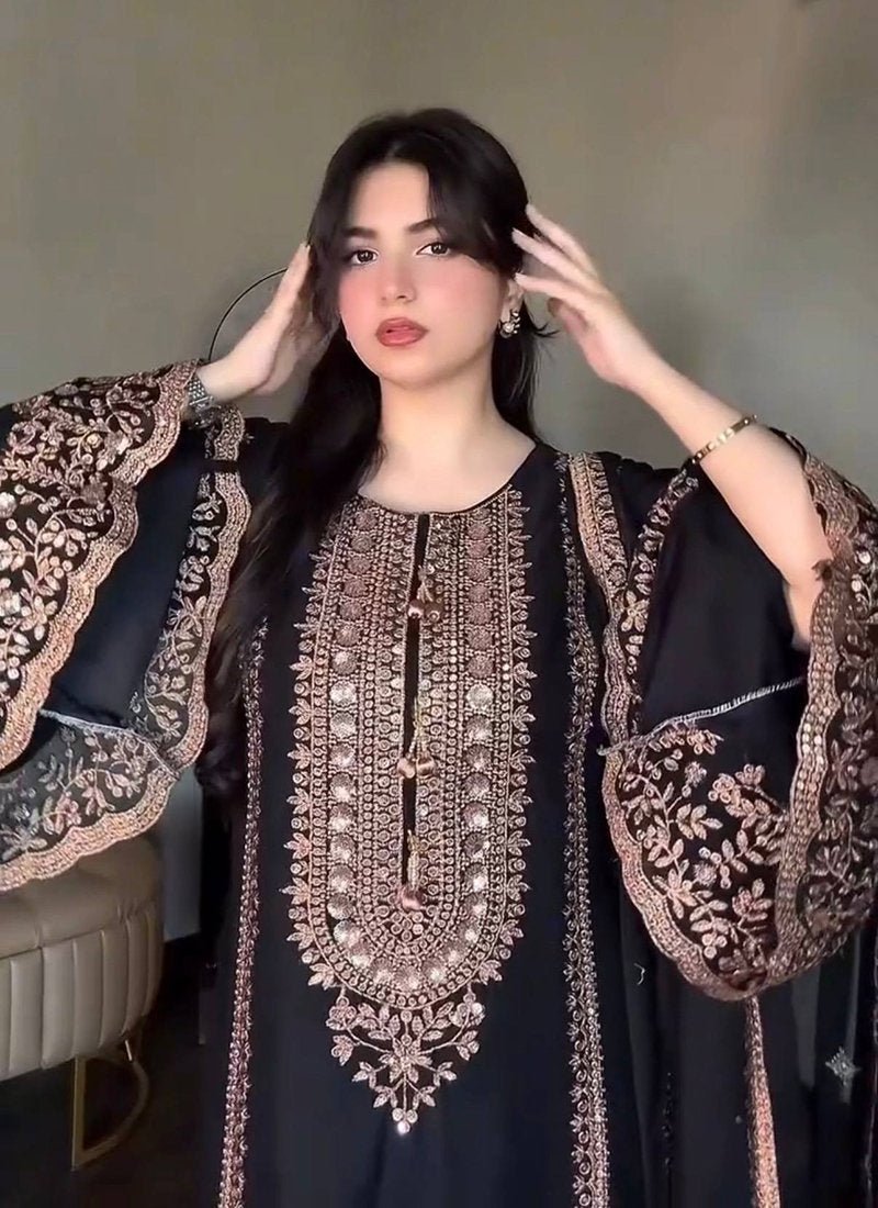 Black Silk Embroidery Work Readymade Sharara Suit