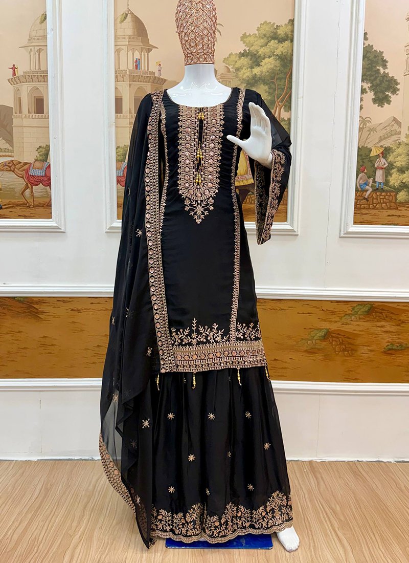 Black Silk Embroidery Work Readymade Sharara Suit