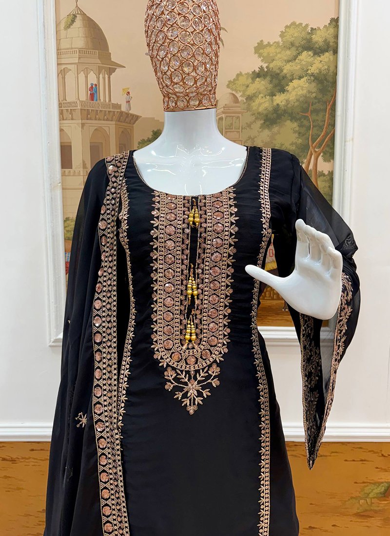 Black Silk Embroidery Work Readymade Sharara Suit