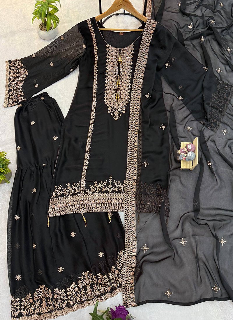 Black Silk Embroidery Work Readymade Sharara Suit