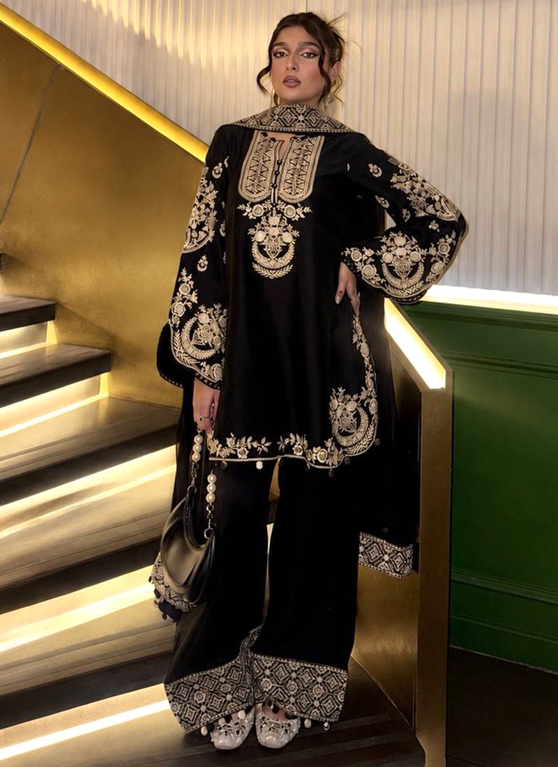 Black Crepe Silk Embroidery Work Readymade Plazzo Suit