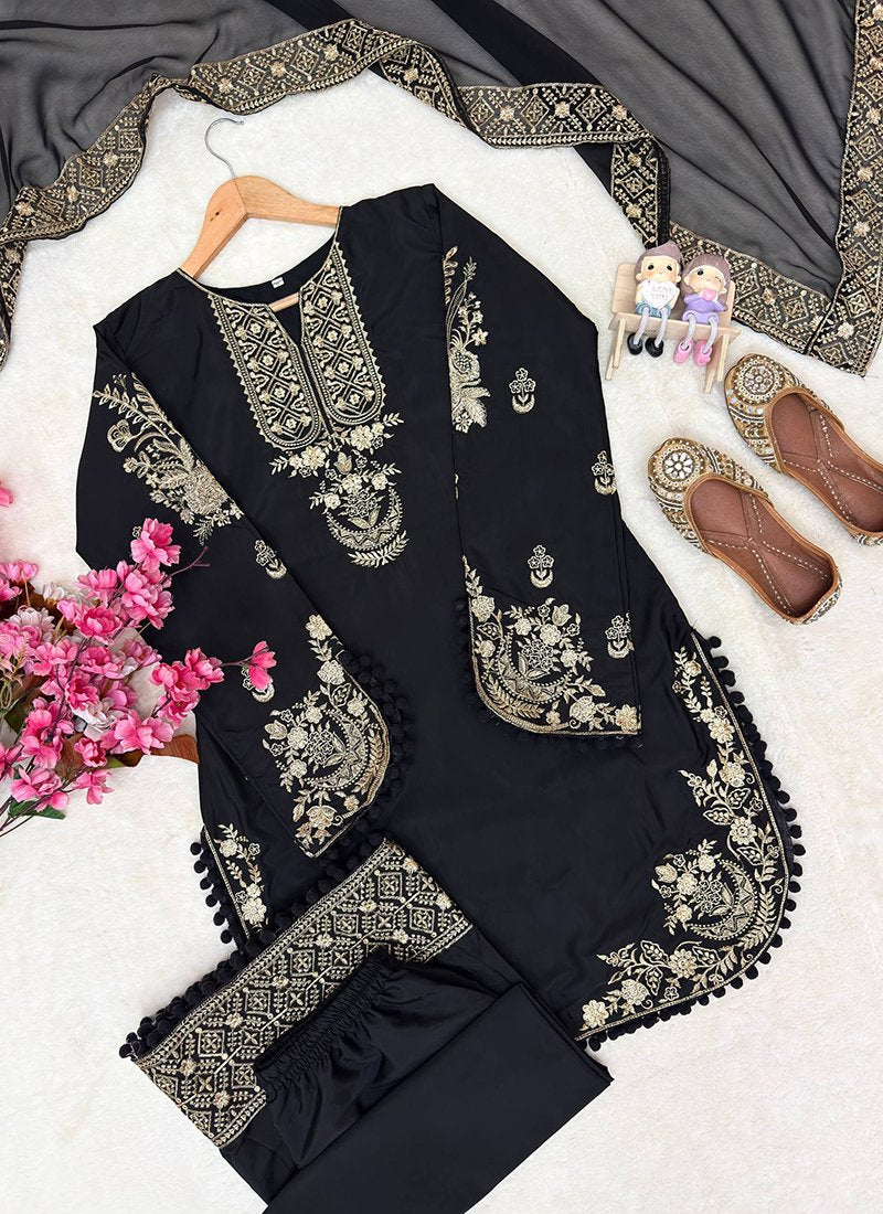 Black Crepe Silk Embroidery Work Readymade Plazzo Suit