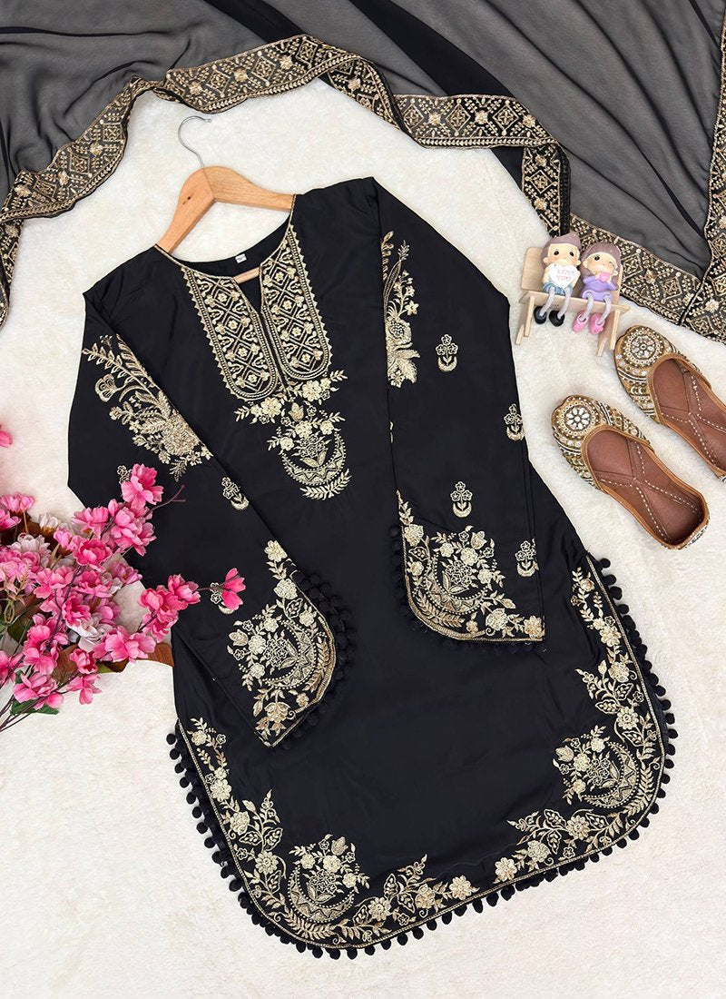 Black Crepe Silk Embroidery Work Readymade Plazzo Suit