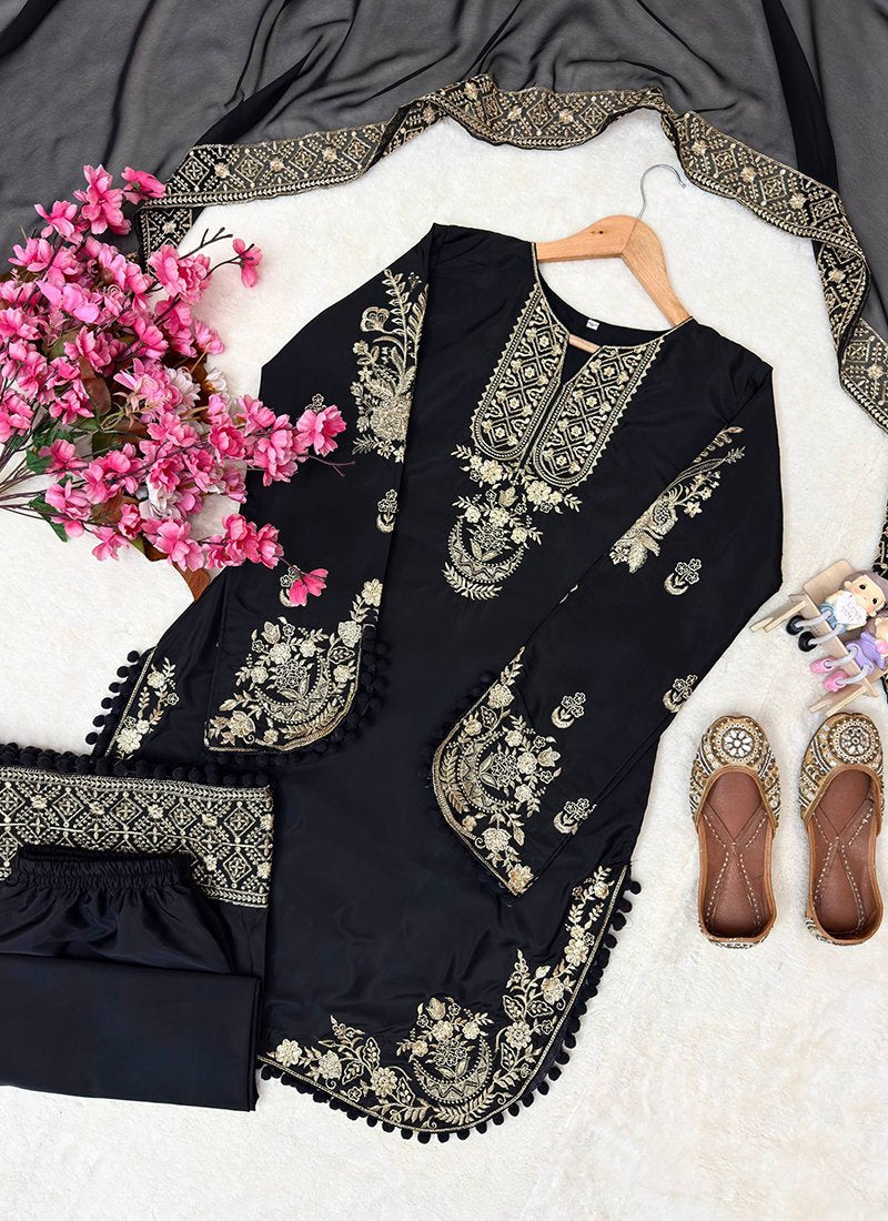Black Crepe Silk Embroidery Work Readymade Plazzo Suit