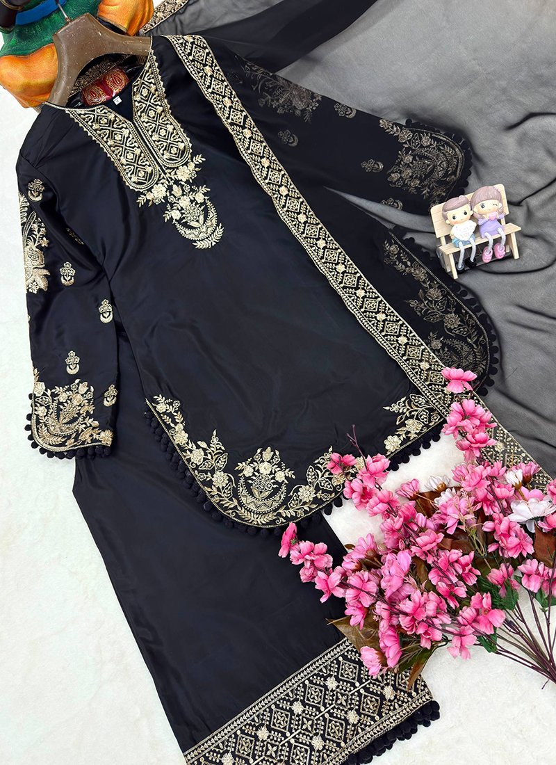 Black Crepe Silk Embroidery Work Readymade Plazzo Suit