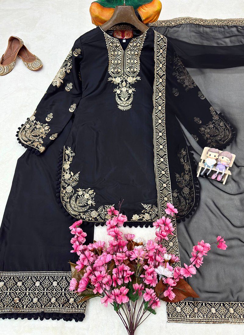 Black Crepe Silk Embroidery Work Readymade Plazzo Suit