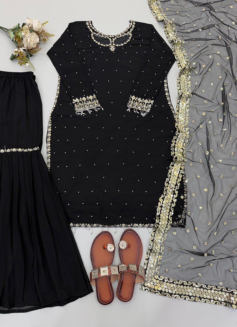 Black Georgette Embroidery Work Readymade Plazzo Suit