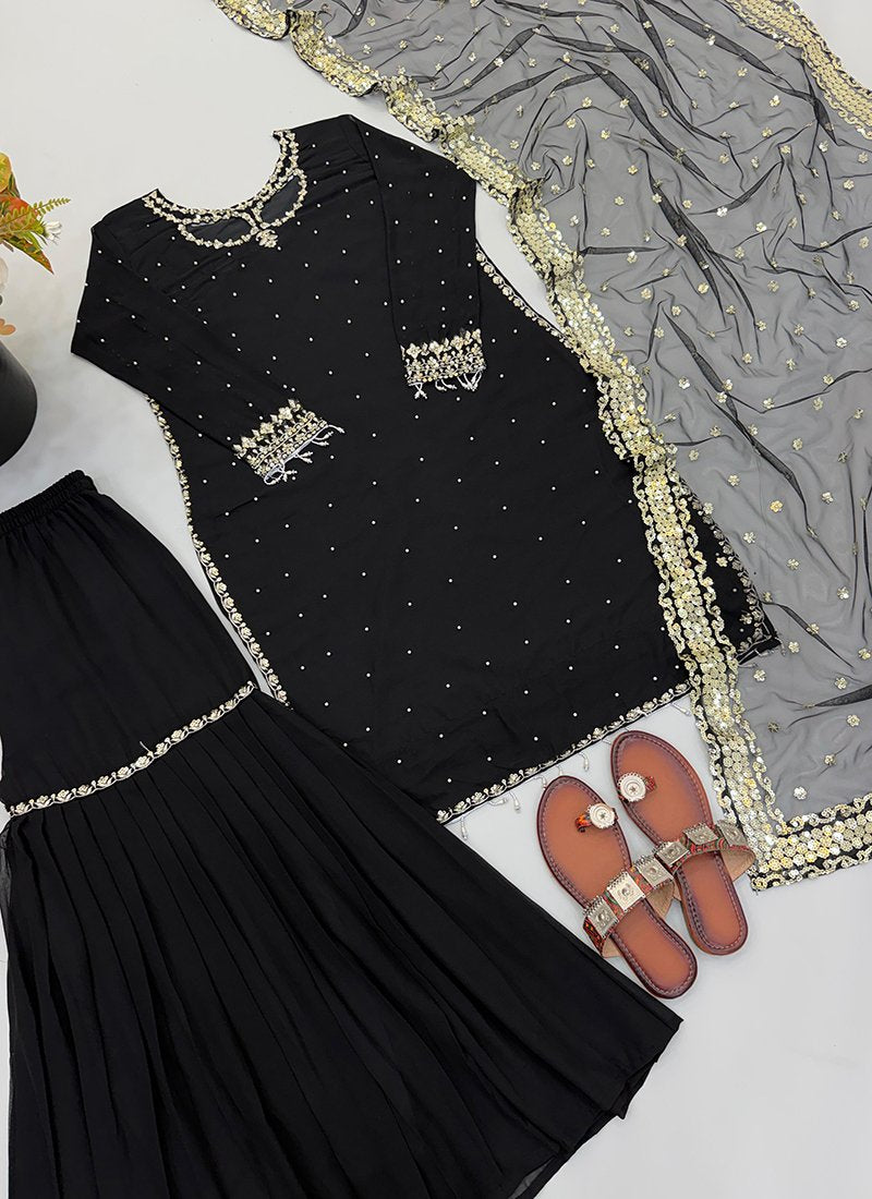 Black Georgette Embroidery Work Readymade Plazzo Suit