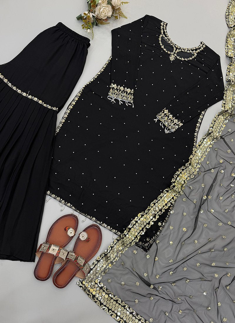 Black Georgette Embroidery Work Readymade Plazzo Suit