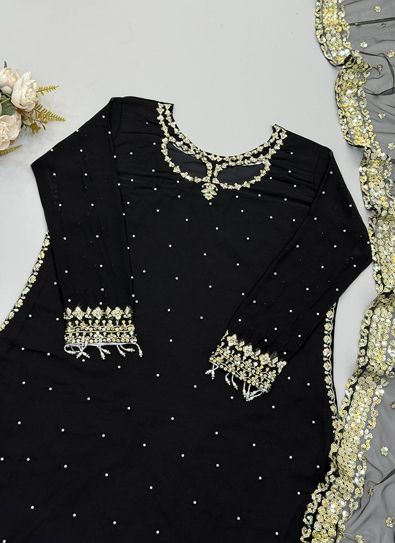 Black Georgette Embroidery Work Readymade Plazzo Suit