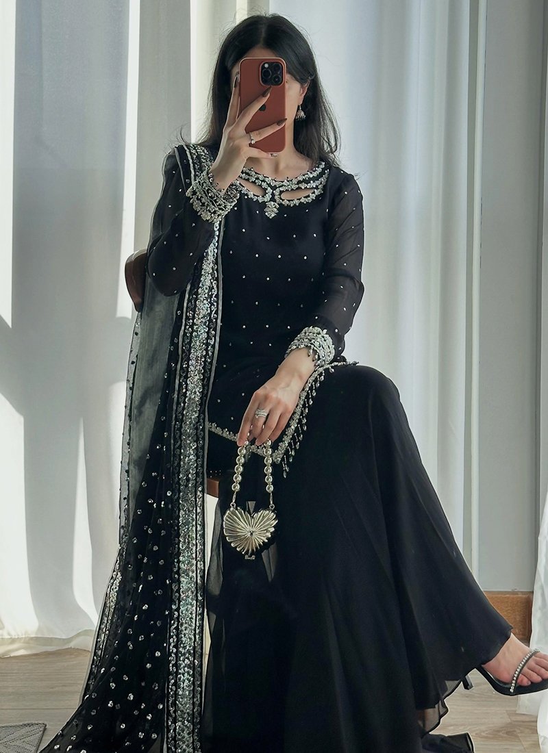 Black Georgette Embroidery Work Readymade Plazzo Suit