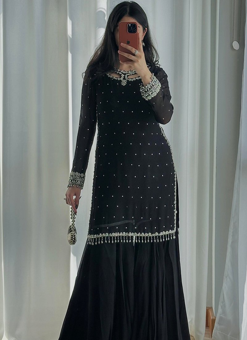 Black Georgette Embroidery Work Readymade Plazzo Suit