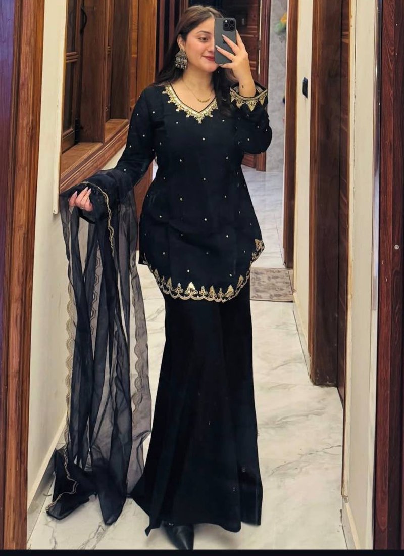 Black Roman Silk Embroidery Work Readymade Palazzo Suit