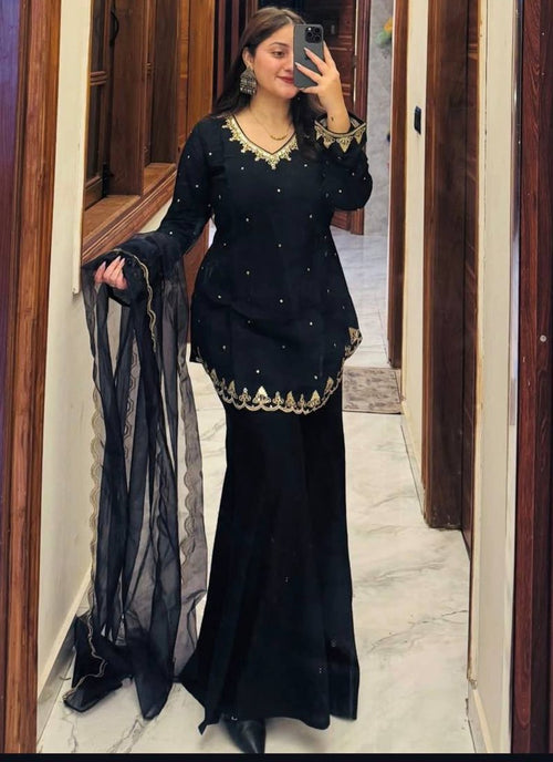 Black Roman Silk Embroidery Work Readymade Palazzo Suit