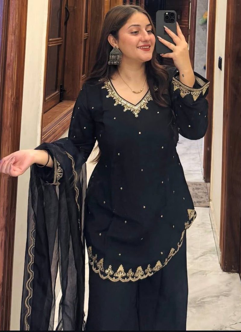 Black Roman Silk Embroidery Work Readymade Palazzo Suit