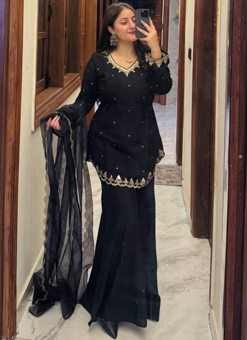 Black Roman Silk Embroidery Work Readymade Palazzo Suit
