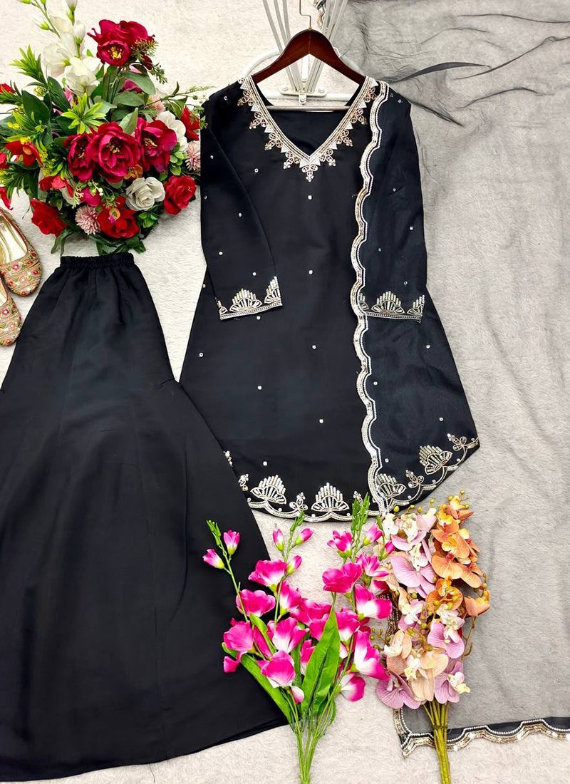 Black Roman Silk Embroidery Work Readymade Palazzo Suit