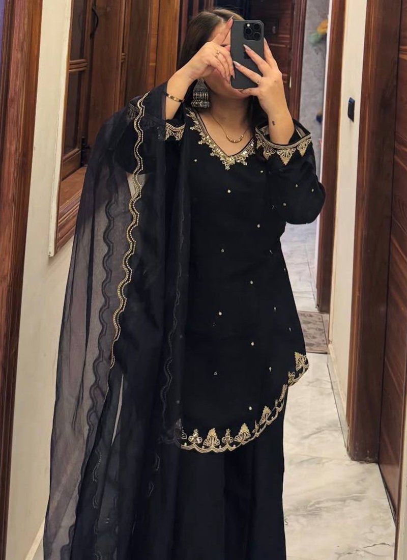 Black Roman Silk Embroidery Work Readymade Palazzo Suit