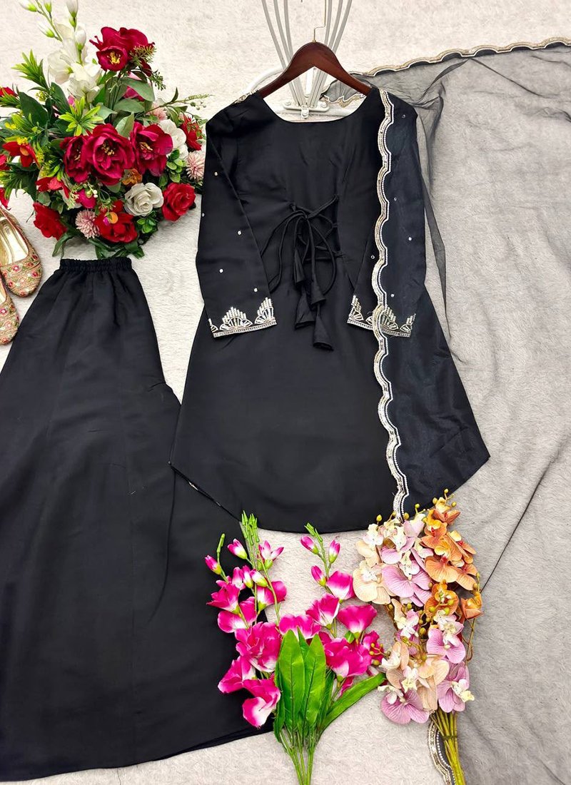 Black Roman Silk Embroidery Work Readymade Palazzo Suit