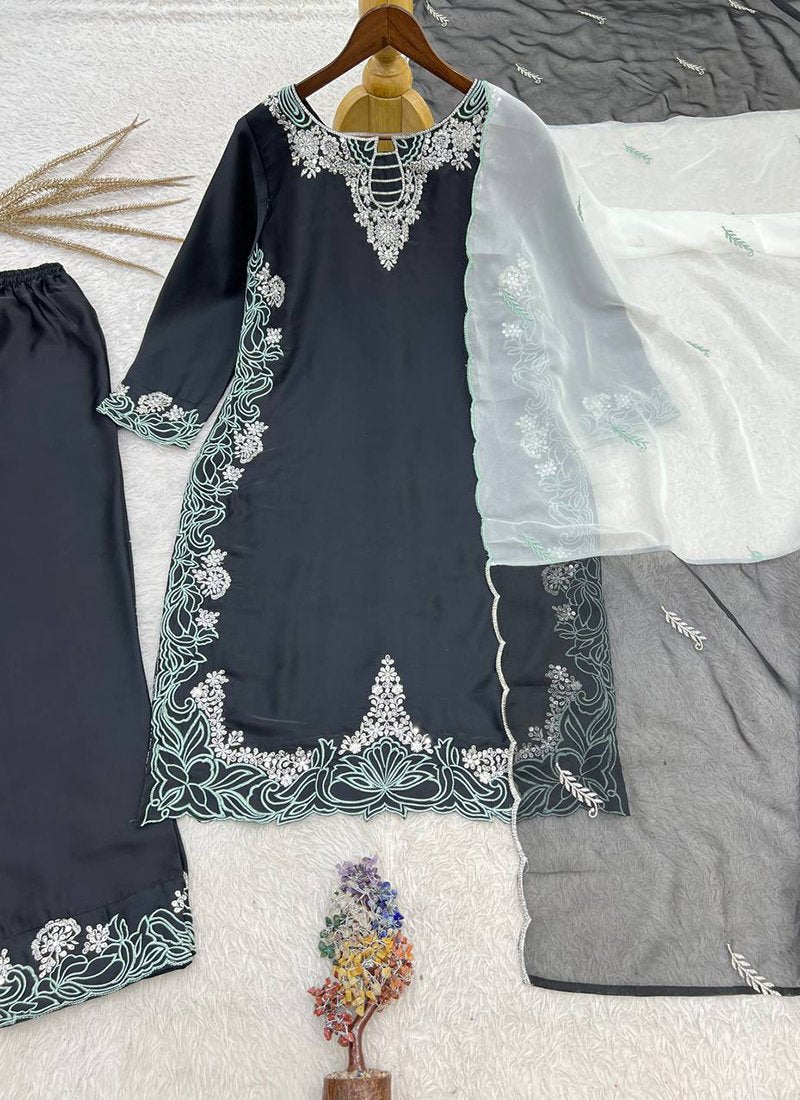 Satin Silk Embroidery Work Readymade Salwar Suit