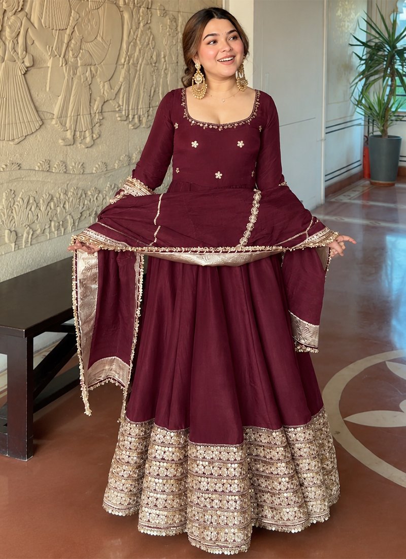 Silk Sequins Work Readymade Anarkali Suit