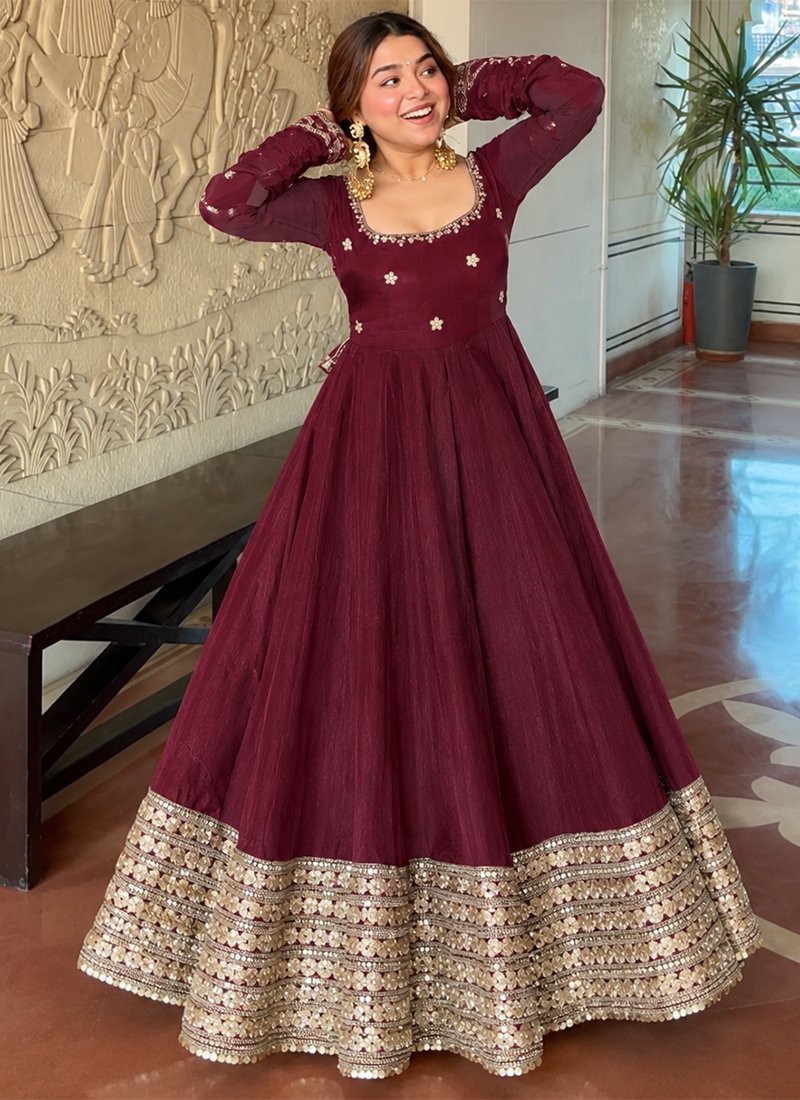 Silk Sequins Work Readymade Anarkali Suit