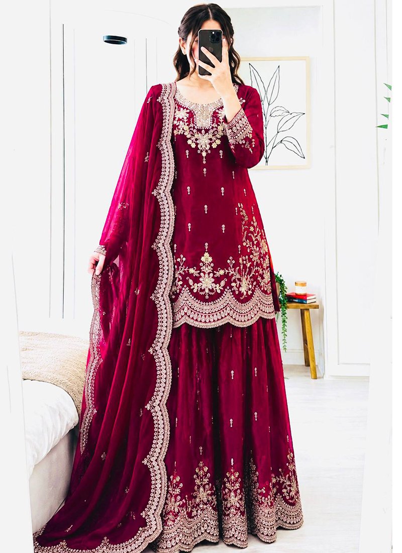 Silk Embroidery Work Readymade Plazzo Suit