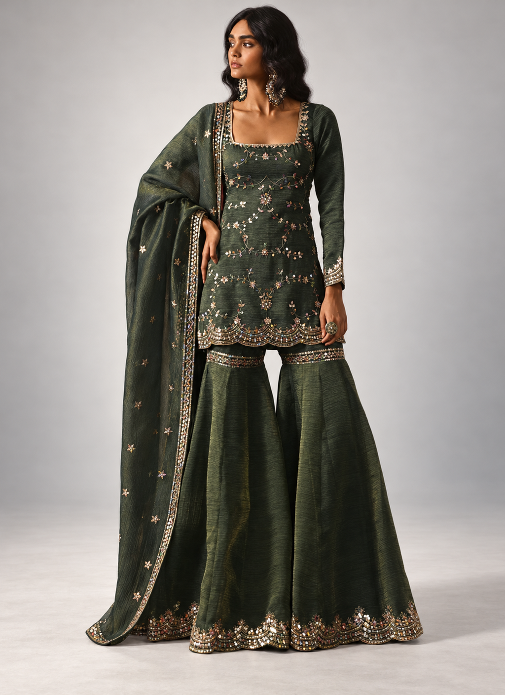 Teal Green Silk Embroidery Work Readymade Sharara Suit