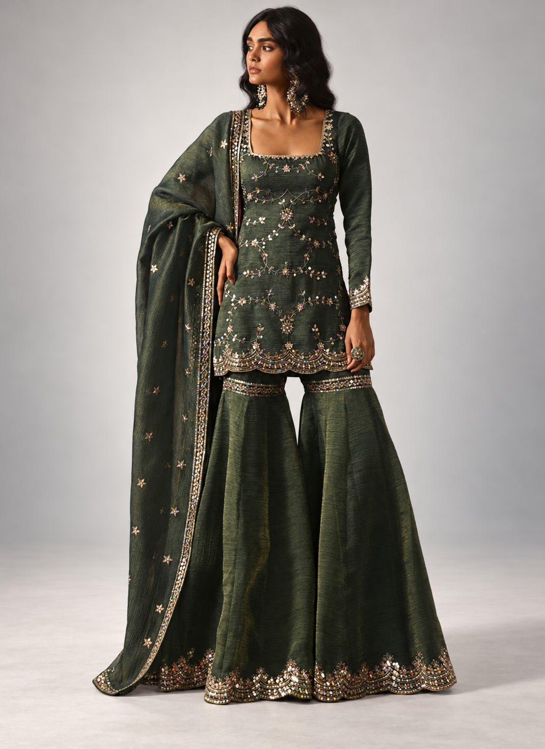 Teal Green Silk Embroidery Work Readymade Sharara Suit