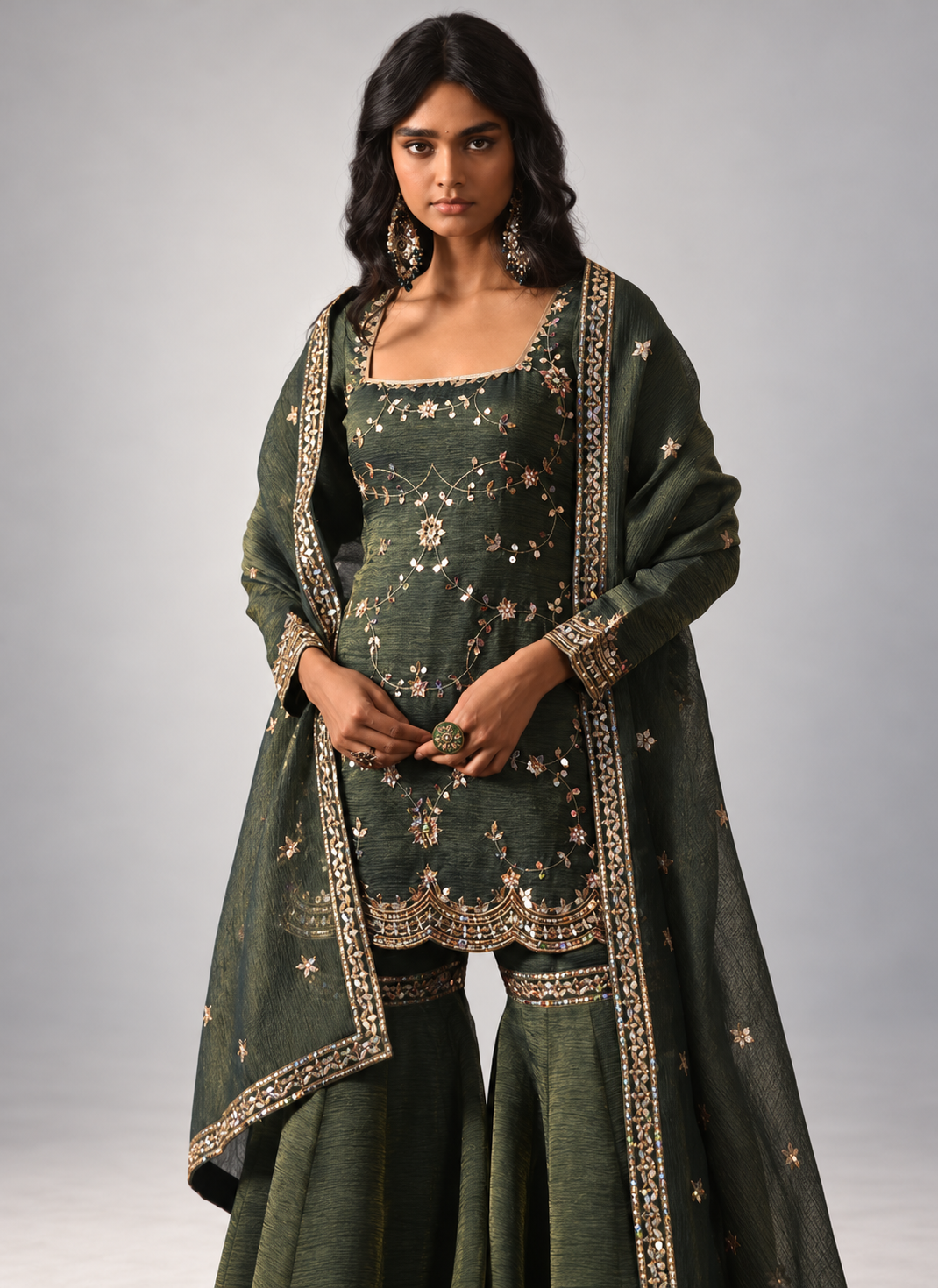 Teal Green Silk Embroidery Work Readymade Sharara Suit