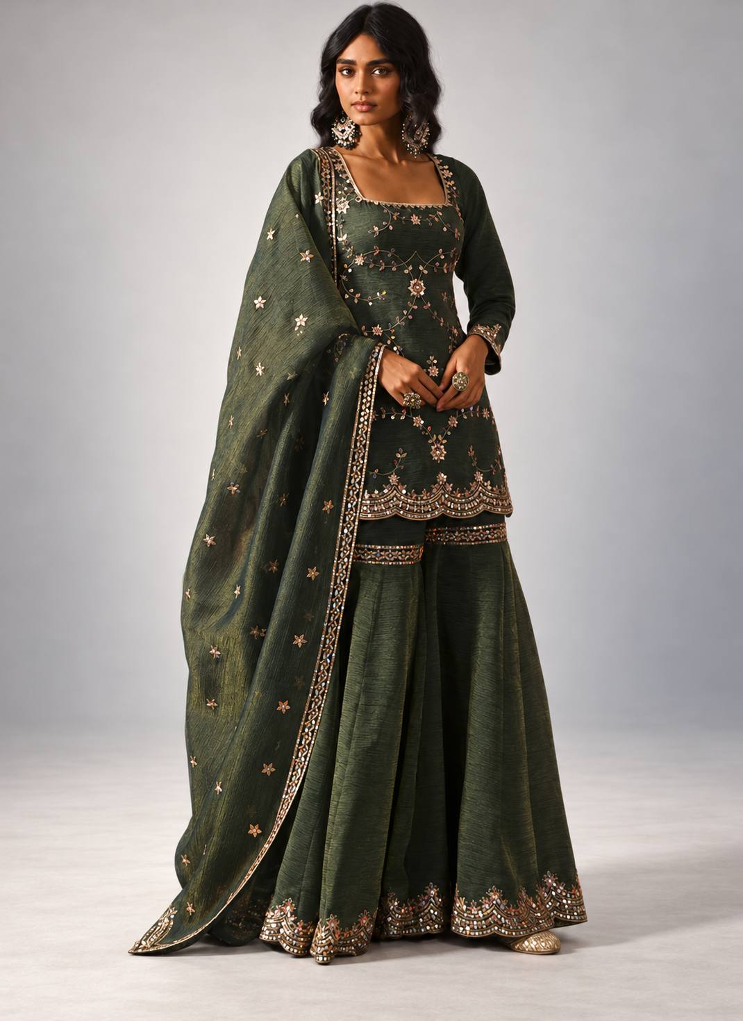 Teal Green Silk Embroidery Work Readymade Sharara Suit