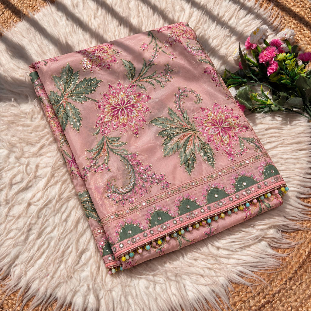 Pink Silk Printed Work Saree