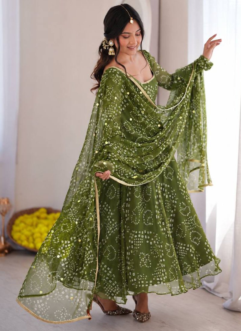 Digital Print Bandhani Print Work Readymade Gown