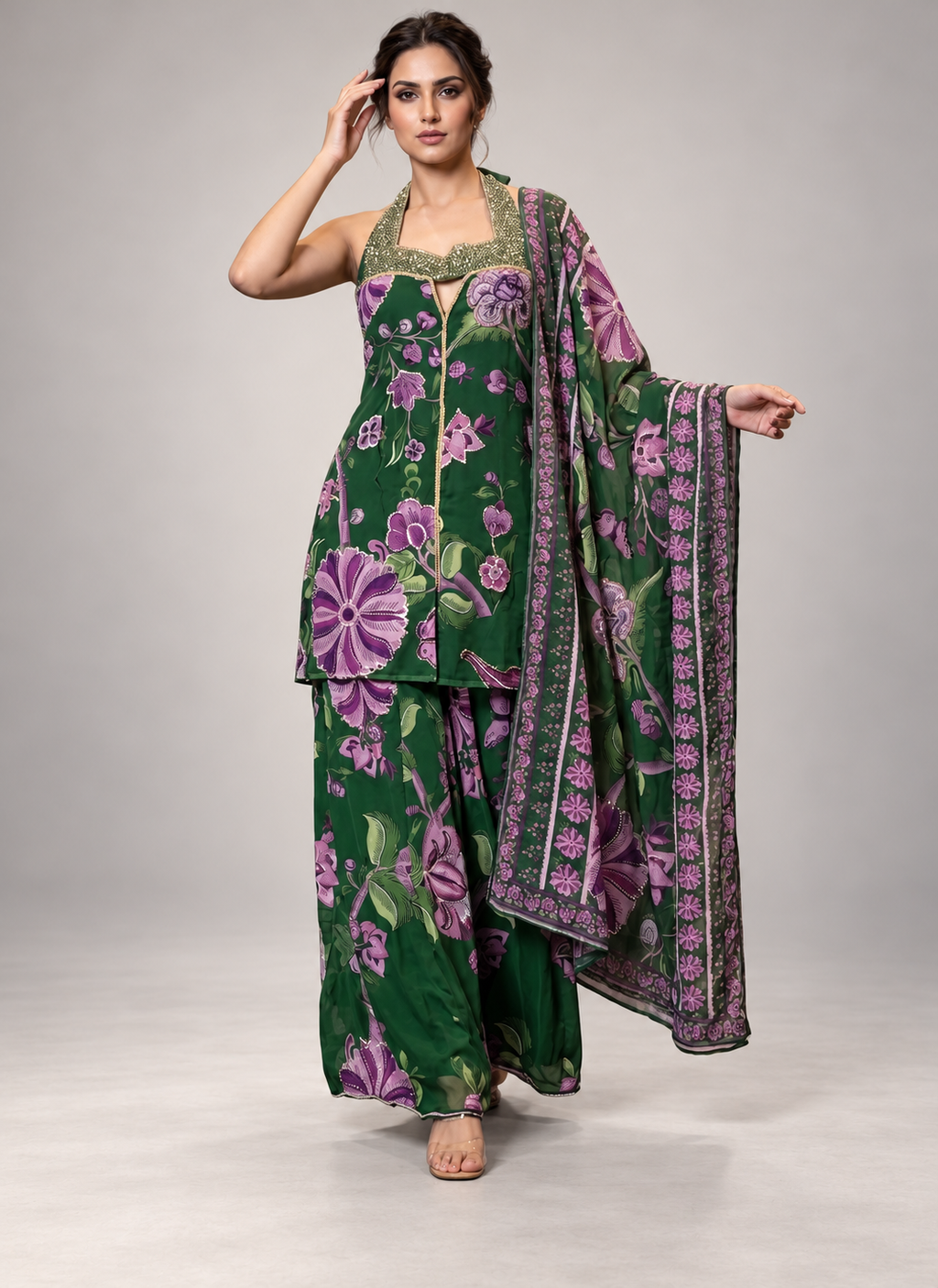 Teal Green Georgette Digital Print Work Readymade Sharara Suit