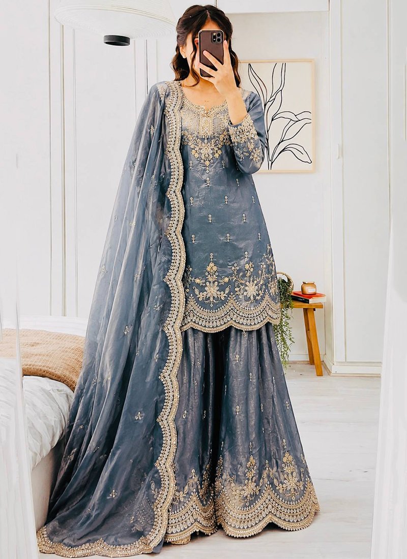 Silk Embroidery Work Readymade Plazzo Suit