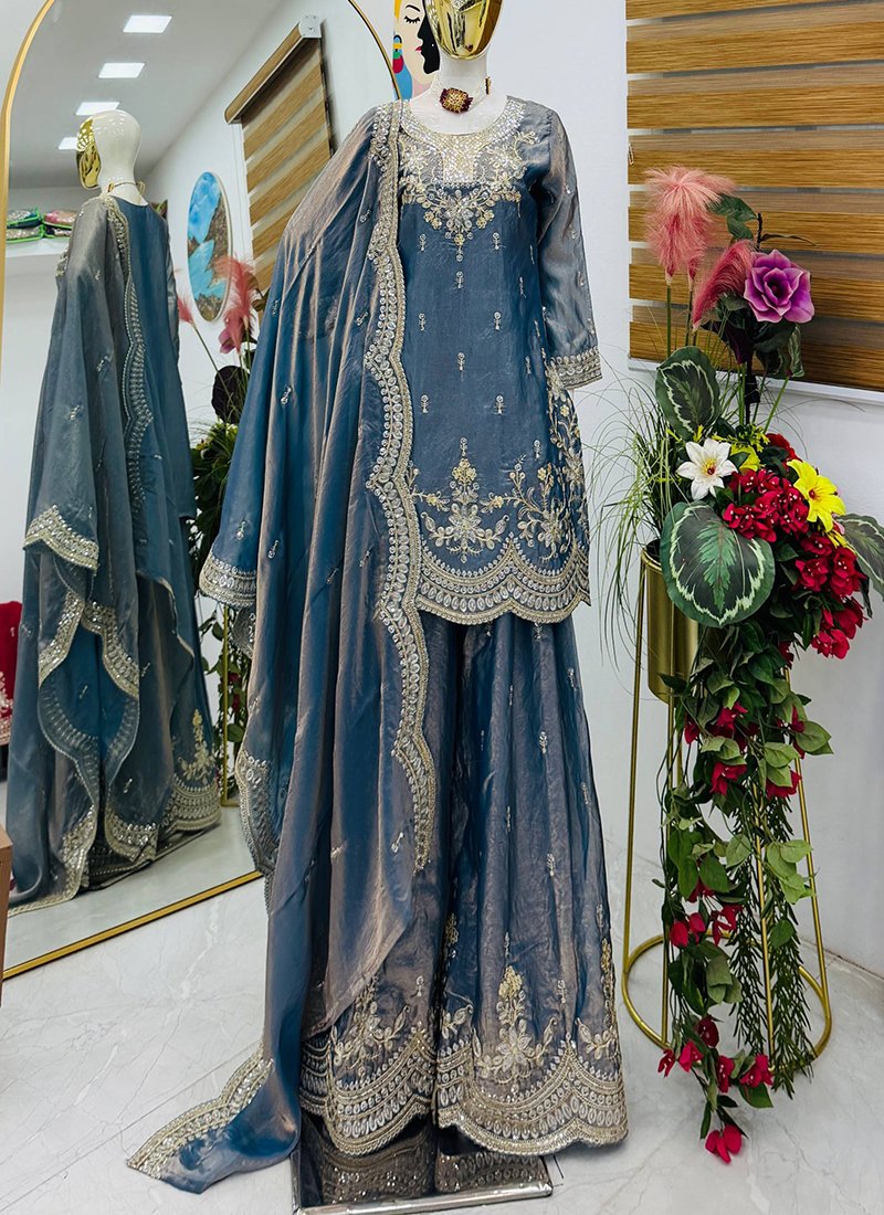 Silk Embroidery Work Readymade Plazzo Suit